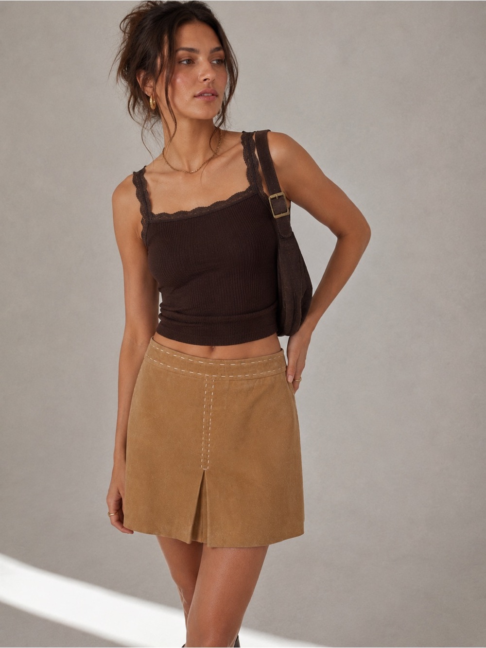 La Rose Collection Suede Leather Skirt Size 8 Camel Tan Contrast Stitch A Line
